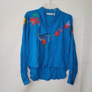 Marc‎ D'Alcy Shirt Womens 4 Blue Beaded Appliqued Vintage Long Sleeve V-Neck